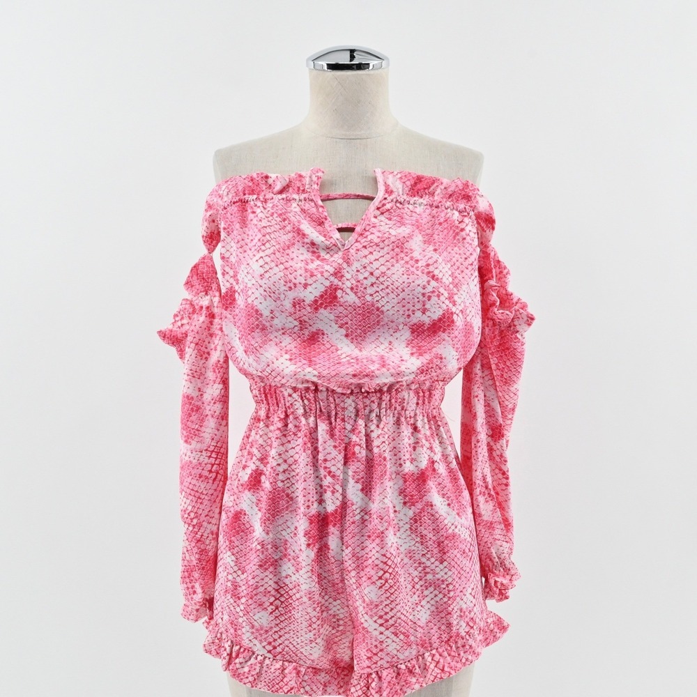Beach Bunny Tanner Romper Sz XS Pink Snakeskin Off The Shoulder Boho Resort Wear